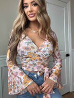 Woodstock Floral Bell Sleeve Wrap Top – Boho V Neck Blouse - 14 Color Options