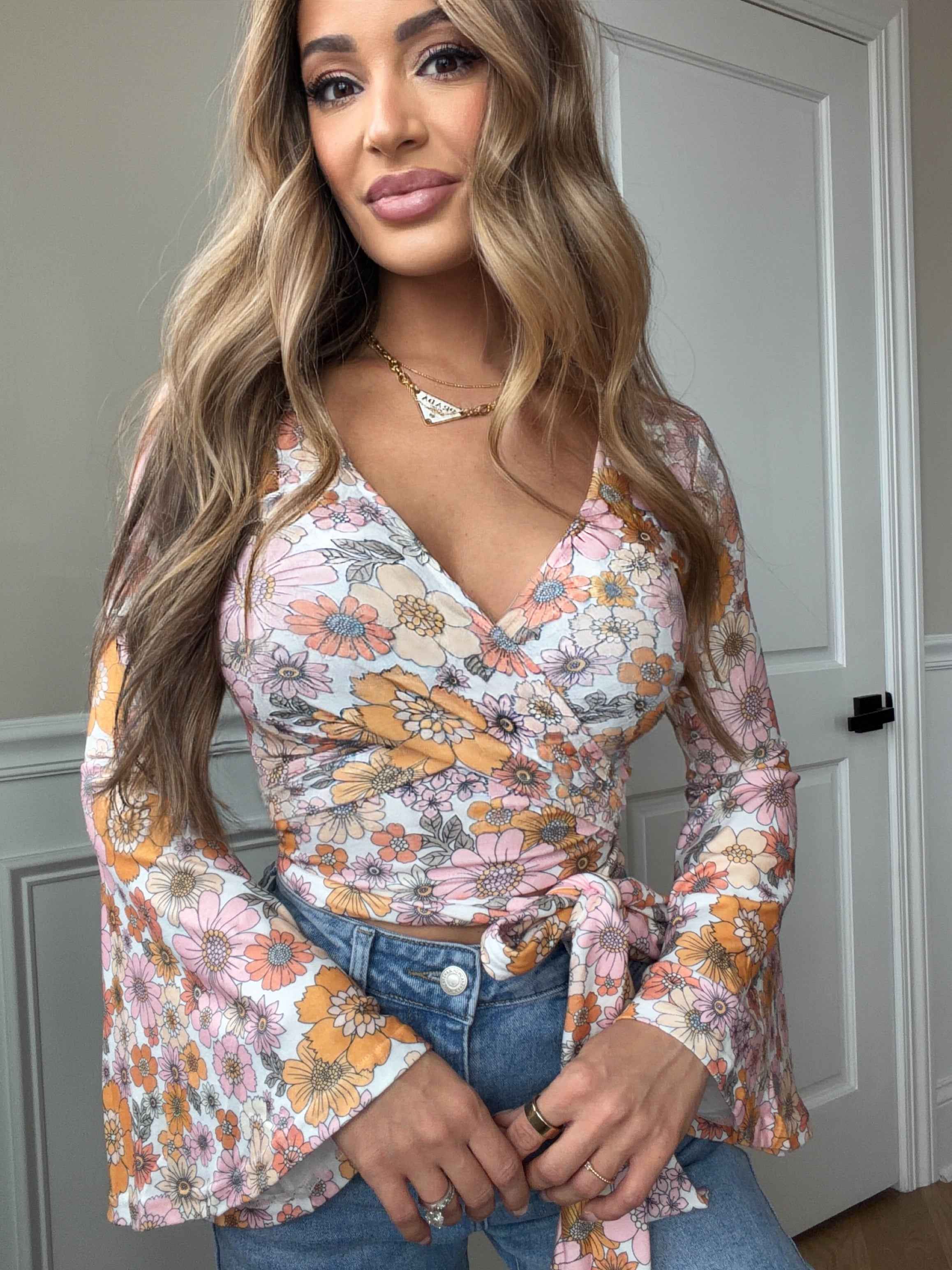 Woodstock Floral Bell Sleeve Wrap Top – Boho V Neck Blouse - 14 Color Options