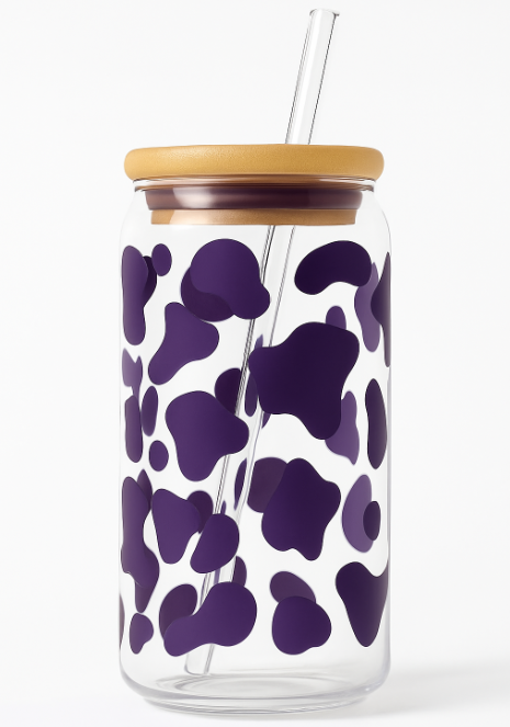 Cow Print 16oz Iced Coffee Glass Cup with Bamboo Lid & Reusable Straw