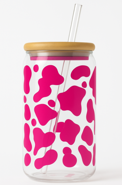 Cow Print 16oz Iced Coffee Glass Cup with Bamboo Lid & Reusable Straw