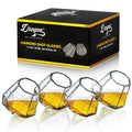 Set of clear diamond-shaped 2 oz shot glasses by Dragon Glassware featuring a unique geometric design that rests at a tilted angle.