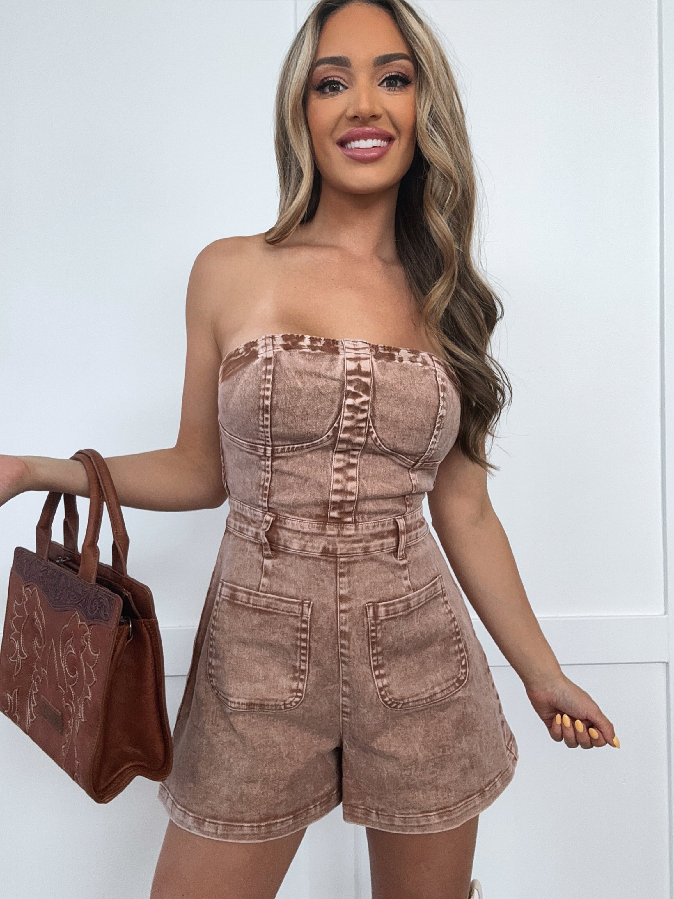 Wisteria Acid Wash Denim Romper – Tube Top Wide Leg