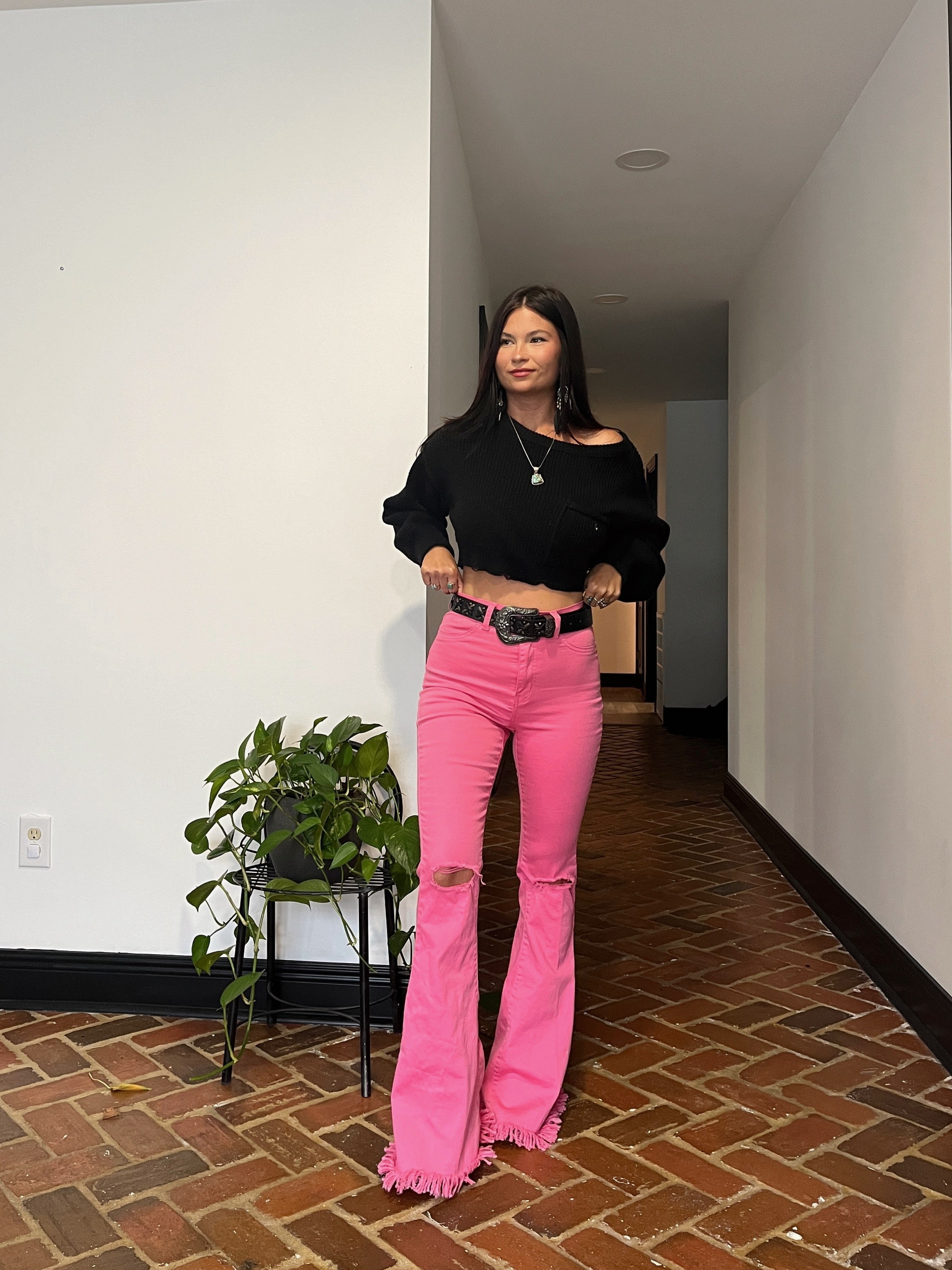 Farrah Flares High Waisted Flare Jeans – Stretch Denim in Pink