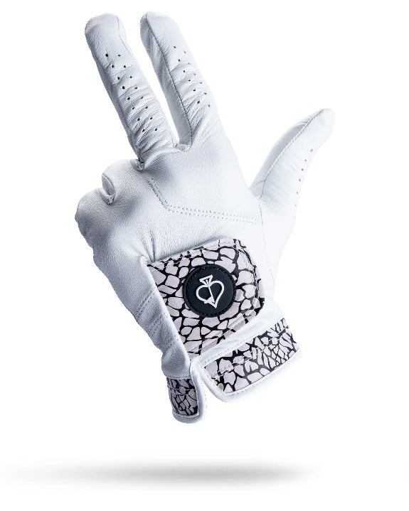 Pins & Aces Premium Tour men’s golf glove featuring an elephant print design and 100% premium AAA Cabretta leather construction.