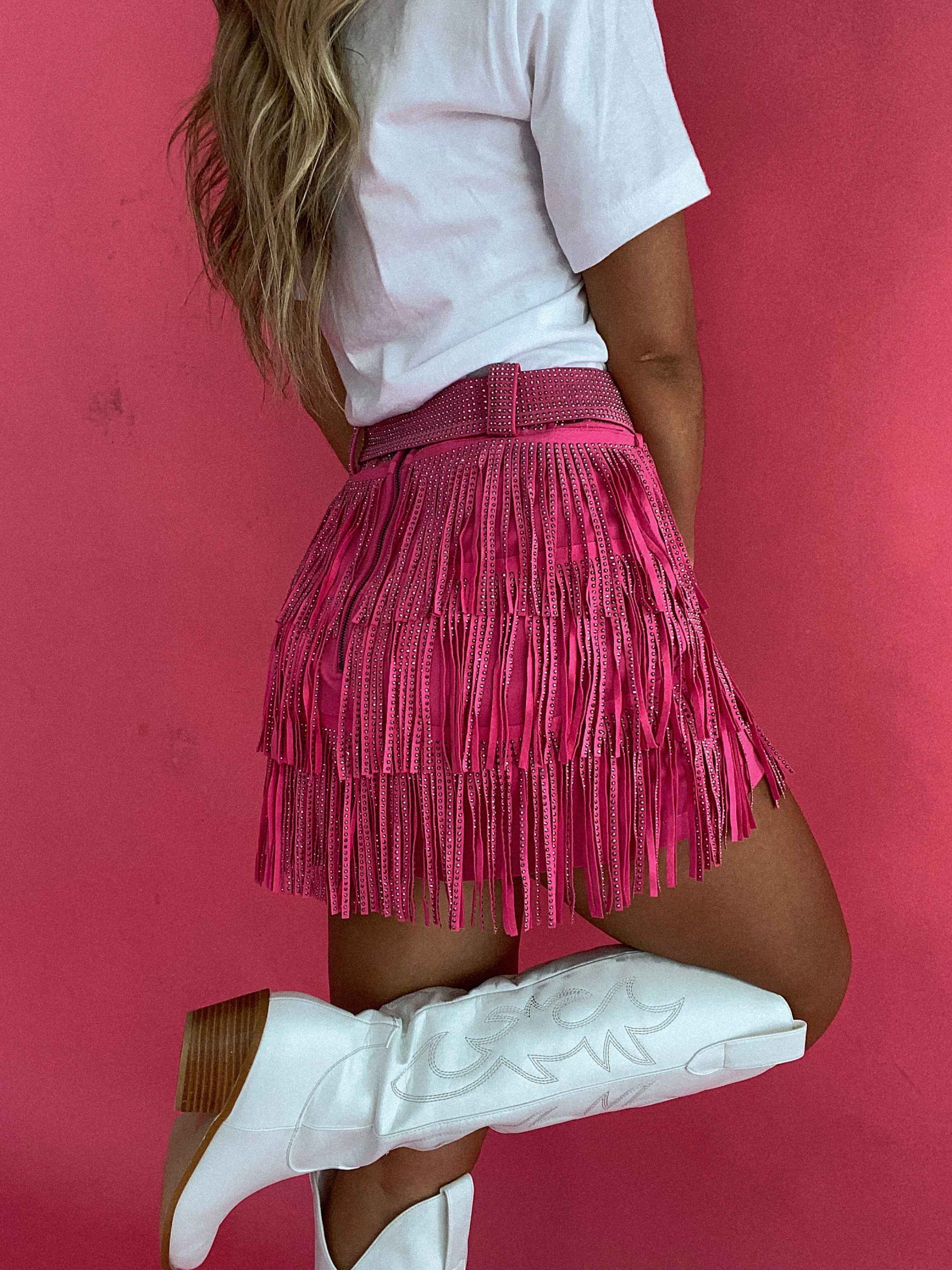 Nashville Babe Rhinestone Fringe Mini Skirt – Pink Western Skirt
