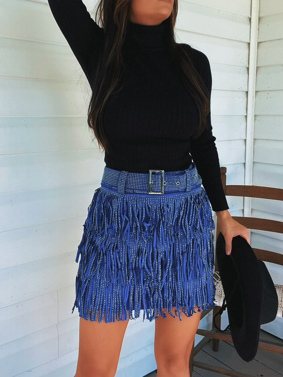 Nashville Babe Rhinestone Fringe Mini Skirt – Royal Blue