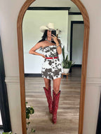 Open Meadows Mini Dress – Cow Print Strapless Dress