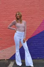 Fiona High Waisted Bell Bottom Flare Jeans – White Stretch Denim