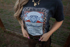 King of Beers Graphic Tee made from soft 100% cotton featuring a vintage-inspired beer graphic, perfect for tailgates, BBQs, brewery visits, country concerts, and casual everyday style. Color Black