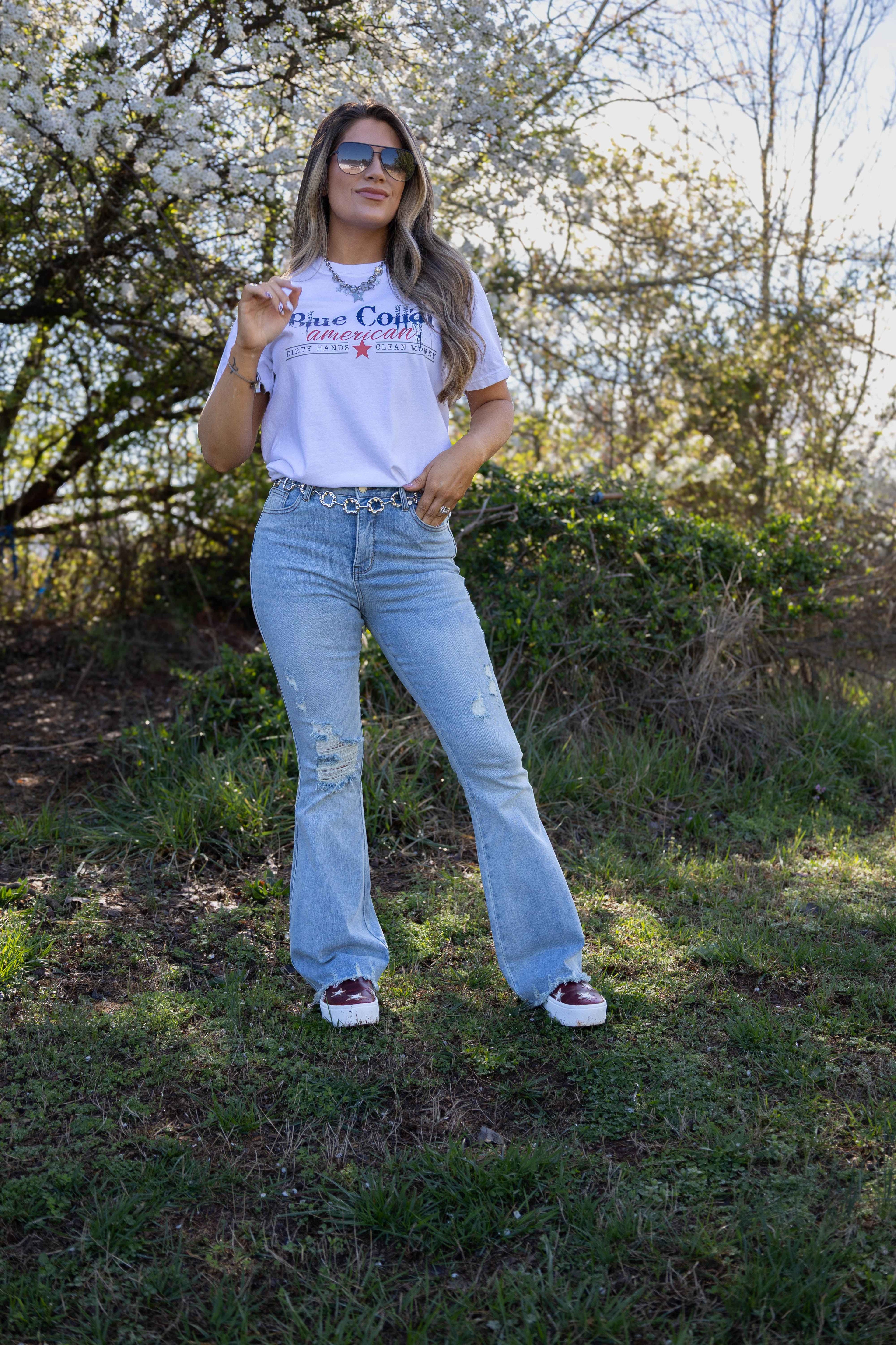 Viral Cindy High Rise Tummy Control Destroy Flare Jeans – Distressed Denim
