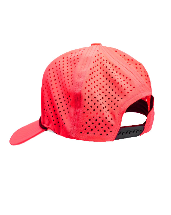 Highlighter pink perforated rope golf hat by Pins & Aces featuring an embroidered Fairway Wave Spade logo, adjustable snapback, and built-in magnetic golf ball marker holder.
