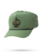 Olive green perforated rope golf hat by Pins & Aces featuring an embroidered Fairway Wave Spade logo, rope accent, adjustable snapback, and built-in magnetic golf ball marker holder.