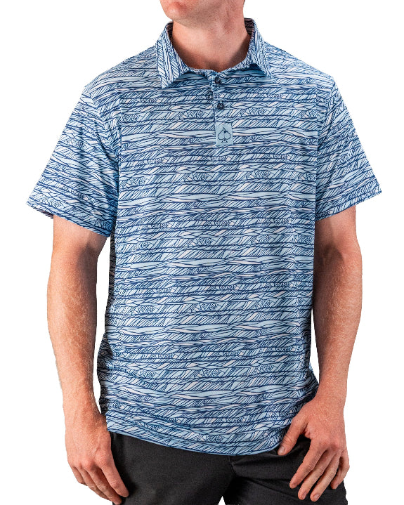 Men’s Fragment Blue golf polo by Pins & Aces featuring an all-over abstract fragmented line pattern in blue and white with short sleeves and an athletic performance fit.