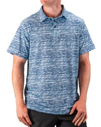 Men’s Fragment Blue golf polo by Pins & Aces featuring an all-over abstract fragmented line pattern in blue and white with short sleeves and an athletic performance fit.