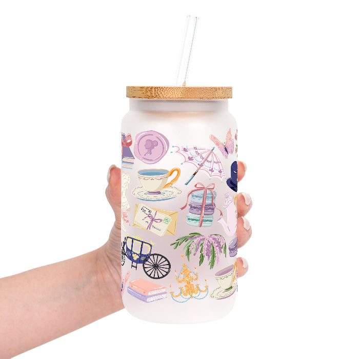 Pastel Regency-inspired bookish design featuring teacups, books, florals, ribbons, a vintage dress, parasol, pocket watch, mirror, and other romantic Victorian-style details in pink, lavender, blue, mint, and cream.