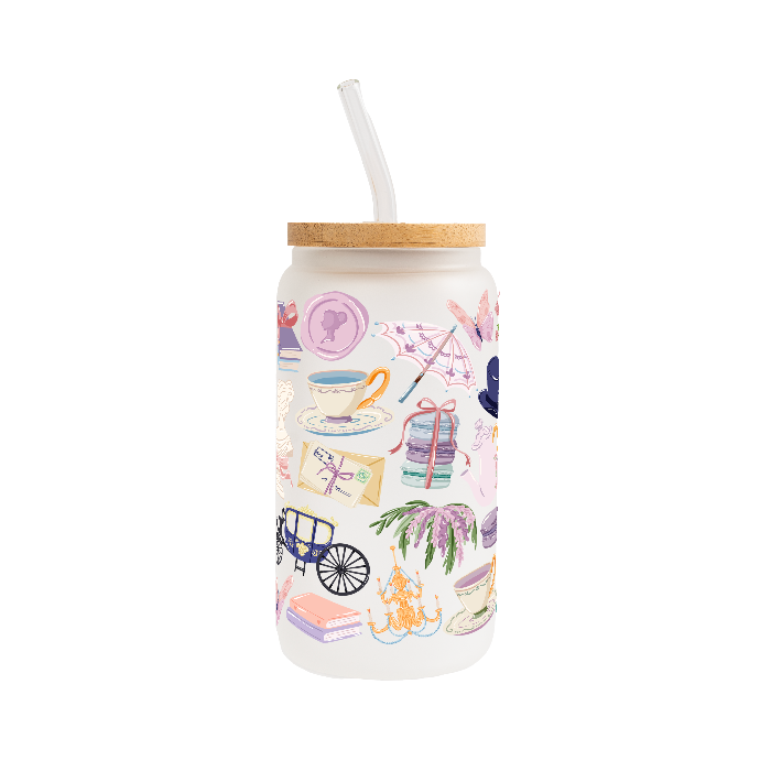 Pastel Regency-inspired bookish design featuring teacups, books, florals, ribbons, a vintage dress, parasol, pocket watch, mirror, and other romantic Victorian-style details in pink, lavender, blue, mint, and cream.