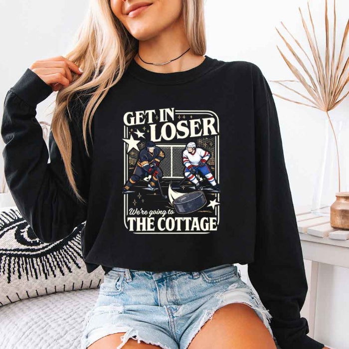 Get In Loser, We’re Going to the Cottage Comfort Colors long sleeve shirt with a hockey romance and BookTok-inspired book lover design in Black