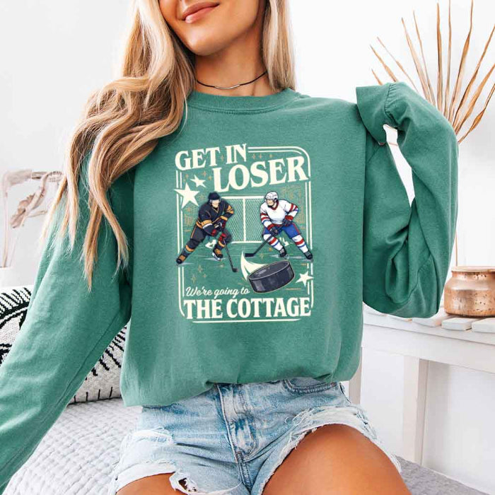 Get In Loser, We’re Going to the Cottage Comfort Colors long sleeve shirt with a hockey romance and BookTok-inspired book lover design in Light Green