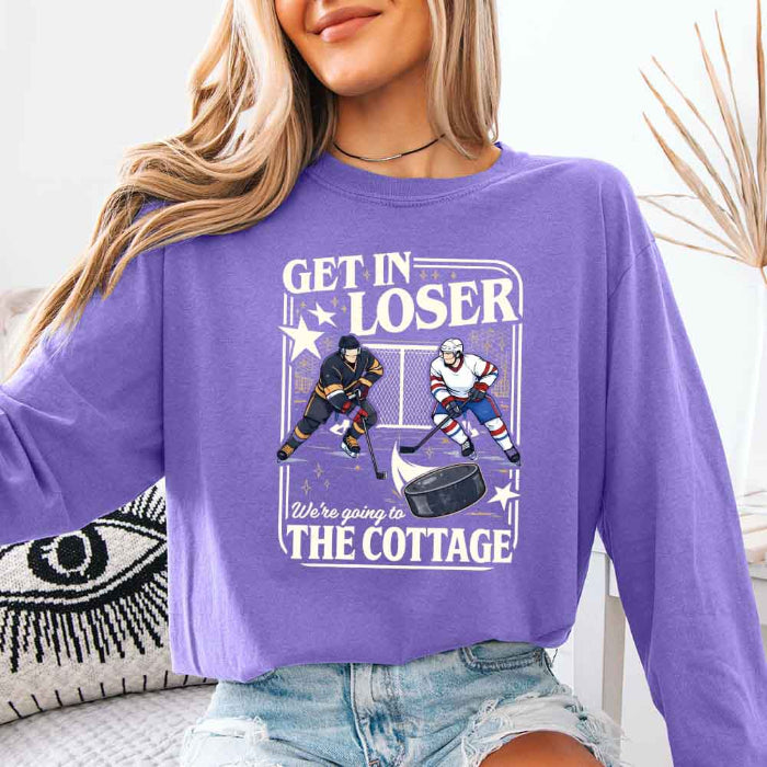 Get In Loser, We’re Going to the Cottage Comfort Colors long sleeve shirt with a hockey romance and BookTok-inspired book lover design in Violet