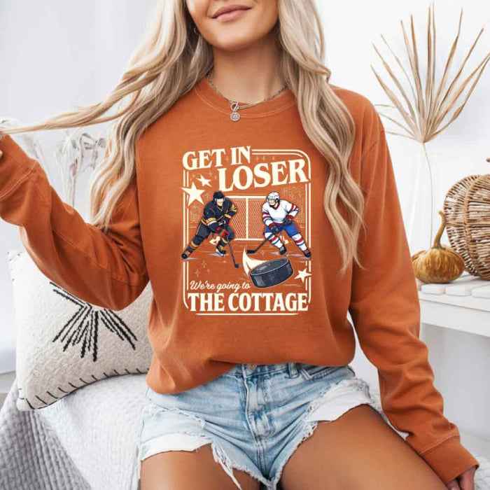 Get In Loser We’re Going to the Cottage Comfort Colors Long Sleeve – Hockey Romance Book Lover Shirt