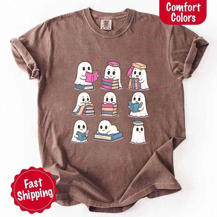 Ghost Reading Comfort Colors T-shirt featuring a whimsical ghost reading a book on a relaxed garment-dyed cotton Halloween graphic tee for book lovers in Espresso.