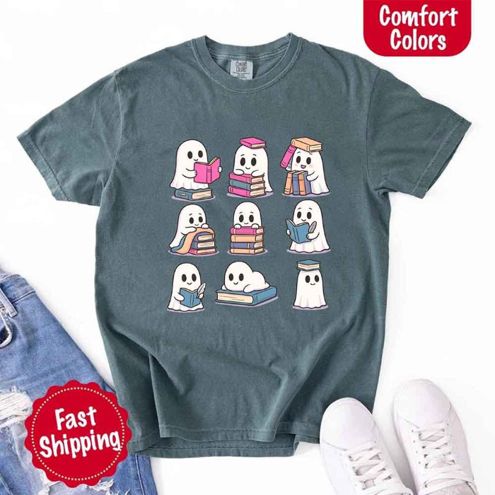 Ghost Reading Comfort Colors T-shirt featuring a whimsical ghost reading a book on a relaxed garment-dyed cotton Halloween graphic tee for book lovers in Blue Spruce
