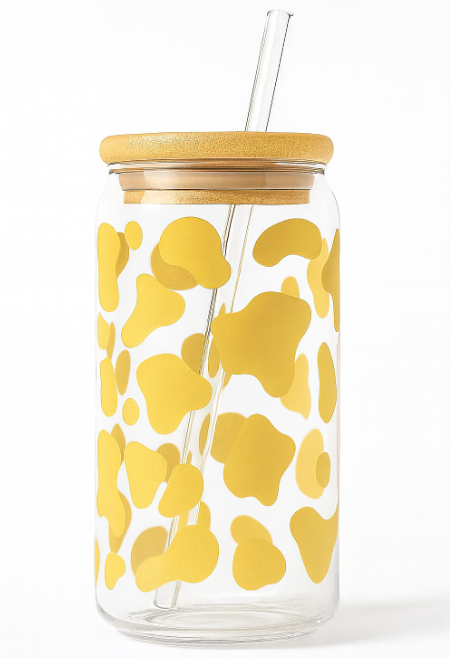 Cow Print 16oz Iced Coffee Glass Cup with Bamboo Lid & Reusable Straw
