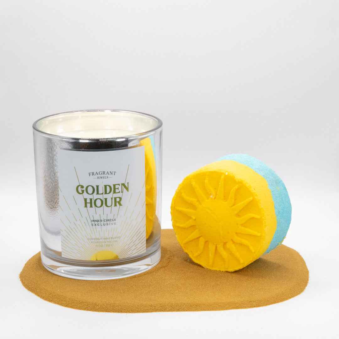 Golden Hour Candle & Bath Bomb Gift Set with Hidden Rings | Fragrant Jewels Summer Collection