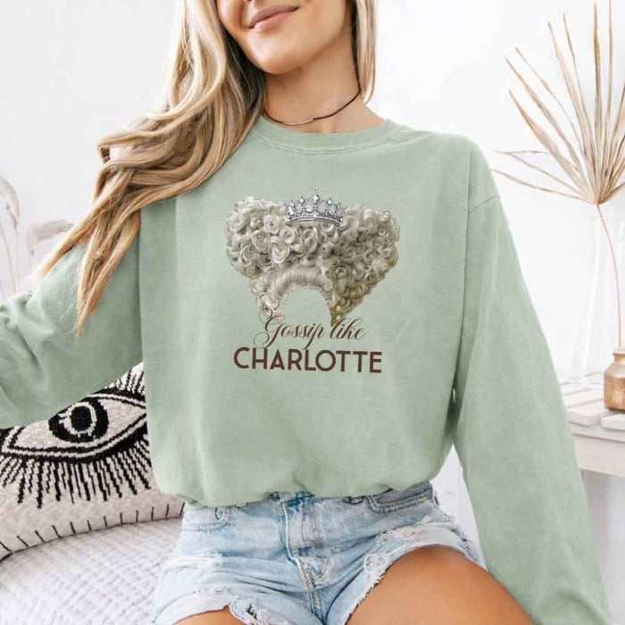 Gossip Like Charlotte Comfort Colors long sleeve shirt featuring a historical fiction and Regency-inspired literary graphic on a relaxed garment-dyed cotton tee in Bay