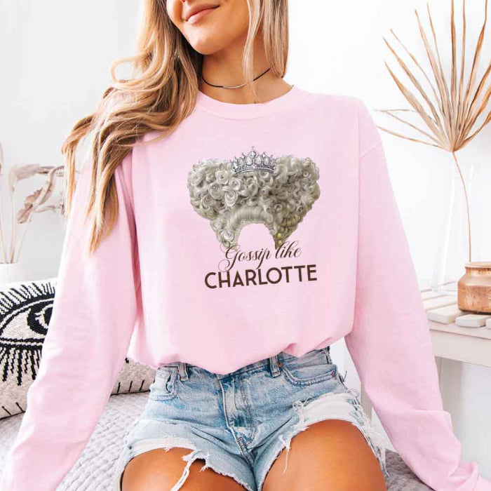 Gossip Like Charlotte Comfort Colors long sleeve shirt featuring a historical fiction and Regency-inspired literary graphic on a relaxed garment-dyed cotton tee in Light Pink/Blossom