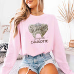 Gossip Like Charlotte Comfort Colors long sleeve shirt featuring a historical fiction and Regency-inspired literary graphic on a relaxed garment-dyed cotton tee in Light Pink/Blossom
