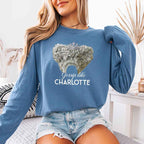 Gossip Like Charlotte Comfort Colors long sleeve shirt featuring a historical fiction and Regency-inspired literary graphic on a relaxed garment-dyed cotton tee in Blue Jean
