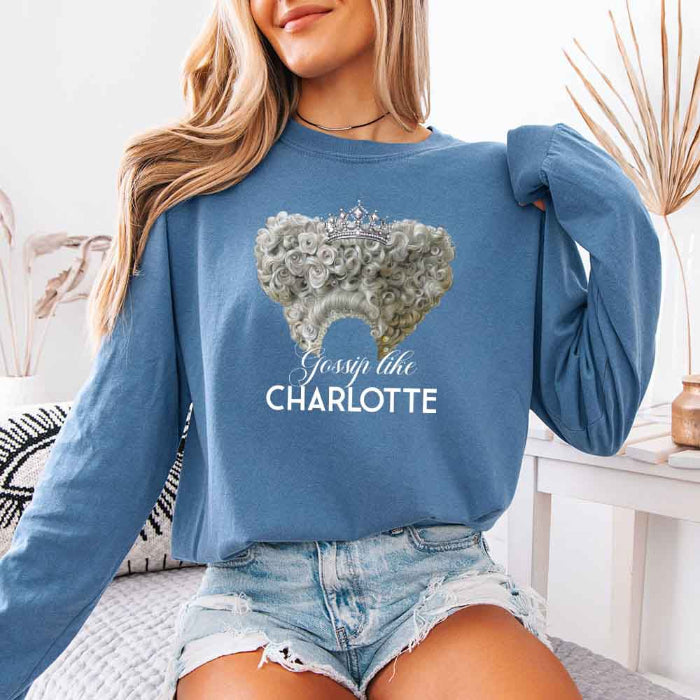 Gossip Like Charlotte Comfort Colors long sleeve shirt featuring a historical fiction and Regency-inspired literary graphic on a relaxed garment-dyed cotton tee in Blue Jean
