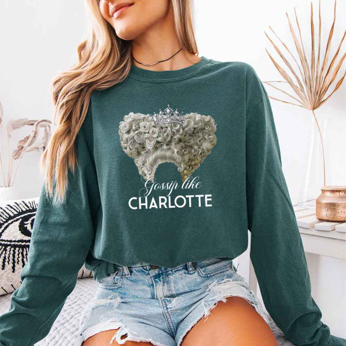 Gossip Like Charlotte Comfort Colors long sleeve shirt featuring a historical fiction and Regency-inspired literary graphic on a relaxed garment-dyed cotton tee in Blue Spruce