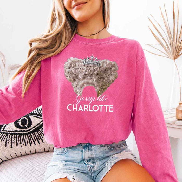 Gossip Like Charlotte Comfort Colors long sleeve shirt featuring a historical fiction and Regency-inspired literary graphic on a relaxed garment-dyed cotton tee in Crunchberry