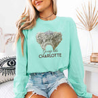 Gossip Like Charlotte Comfort Colors long sleeve shirt featuring a historical fiction and Regency-inspired literary graphic on a relaxed garment-dyed cotton tee in Island Reef