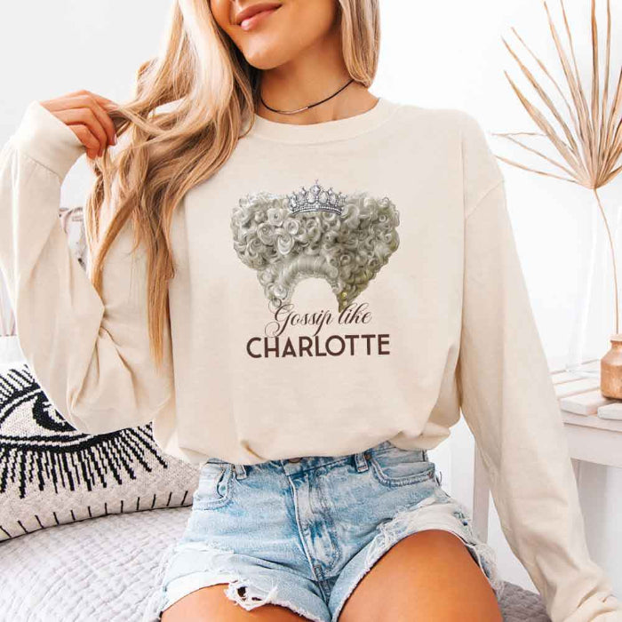 Gossip Like Charlotte Comfort Colors long sleeve shirt featuring a historical fiction and Regency-inspired literary graphic on a relaxed garment-dyed cotton tee in Ivory