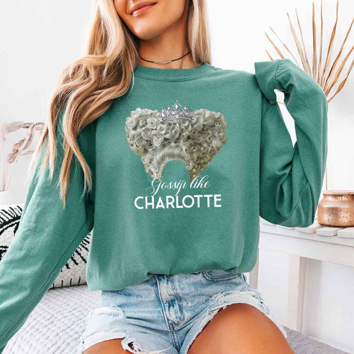 Gossip Like Charlotte Comfort Colors long sleeve shirt featuring a historical fiction and Regency-inspired literary graphic on a relaxed garment-dyed cotton tee in Light Green