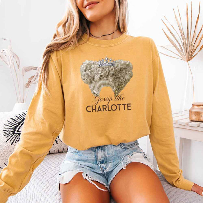 Gossip Like Charlotte Comfort Colors long sleeve shirt featuring a historical fiction and Regency-inspired literary graphic on a relaxed garment-dyed cotton tee in Mustard