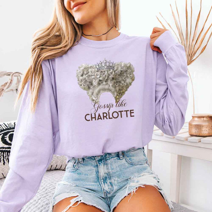 Gossip Like Charlotte Comfort Colors long sleeve shirt featuring a historical fiction and Regency-inspired literary graphic on a relaxed garment-dyed cotton tee in Orchid