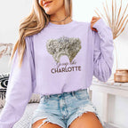 Gossip Like Charlotte Comfort Colors long sleeve shirt featuring a historical fiction and Regency-inspired literary graphic on a relaxed garment-dyed cotton tee in Orchid