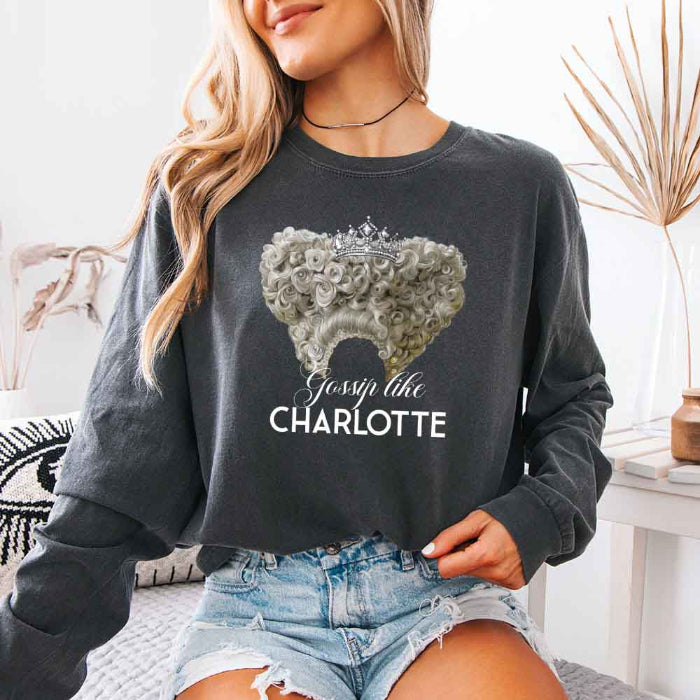 Gossip Like Charlotte Comfort Colors long sleeve shirt featuring a historical fiction and Regency-inspired literary graphic on a relaxed garment-dyed cotton tee in Pepper