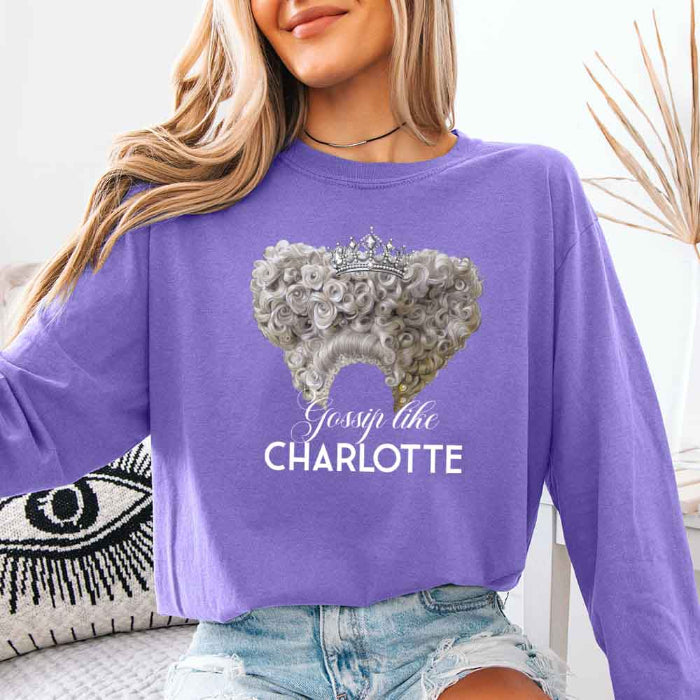 Gossip Like Charlotte Comfort Colors long sleeve shirt featuring a historical fiction and Regency-inspired literary graphic on a relaxed garment-dyed cotton tee in Violet