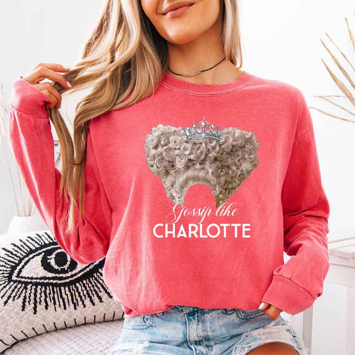 Gossip Like Charlotte Comfort Colors long sleeve shirt featuring a historical fiction and Regency-inspired literary graphic on a relaxed garment-dyed cotton tee in Watermelon
