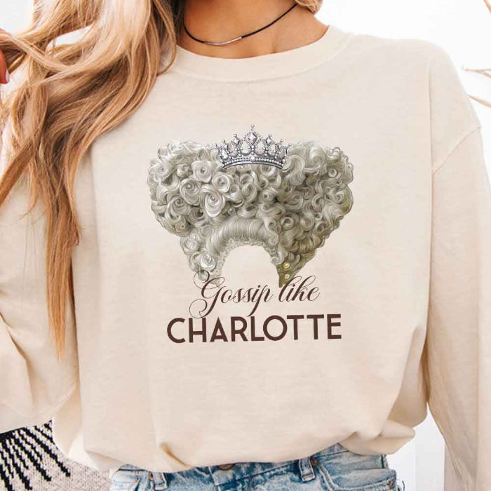Gossip Like Charlotte Comfort Colors long sleeve shirt featuring a historical fiction and Regency-inspired literary graphic on a relaxed garment-dyed cotton tee in Ivory