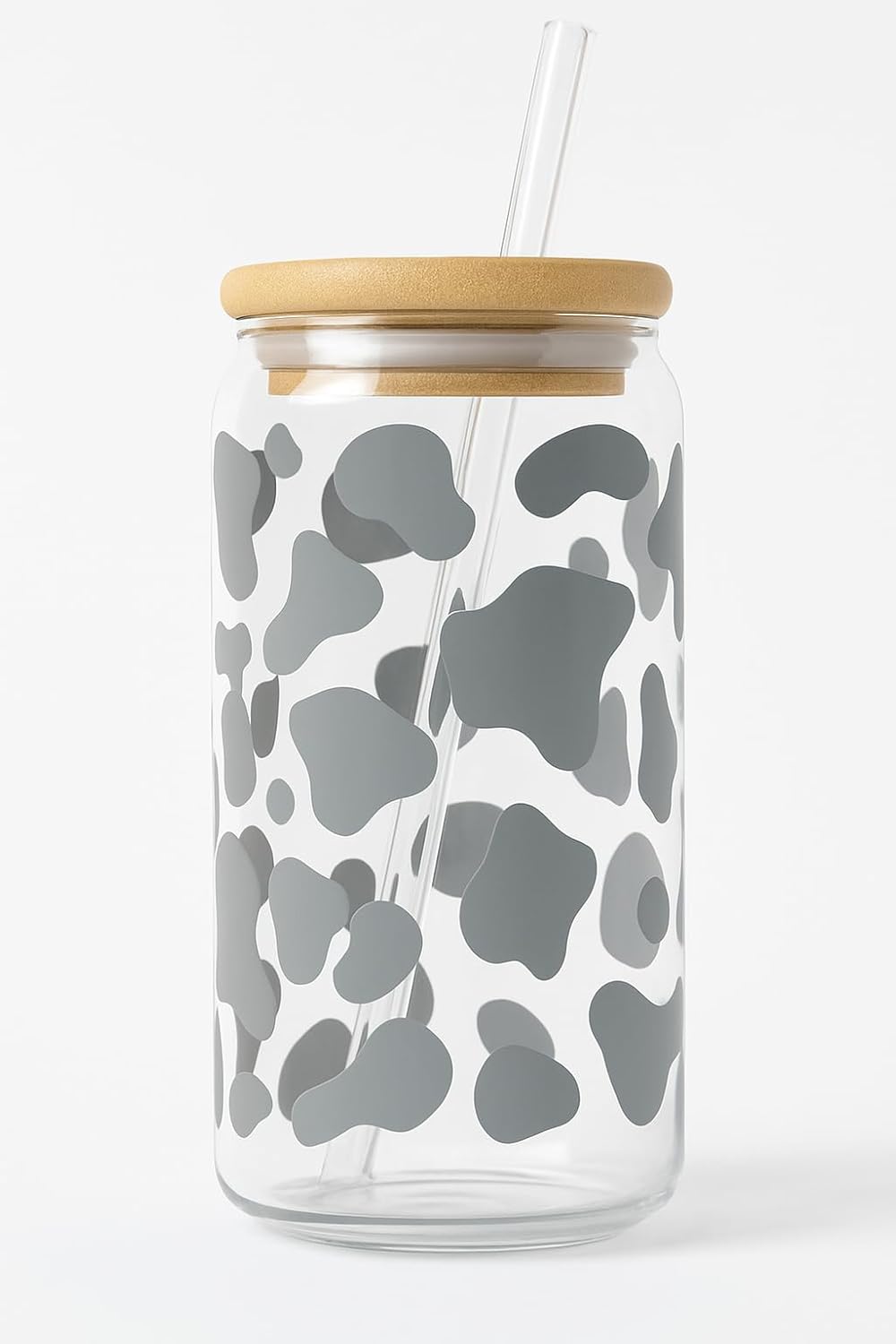 Cow Print 16oz Iced Coffee Glass Cup with Bamboo Lid & Reusable Straw