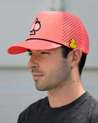 Highlighter pink perforated rope golf hat by Pins & Aces featuring an embroidered Fairway Wave Spade logo, adjustable snapback, and built-in magnetic golf ball marker holder.