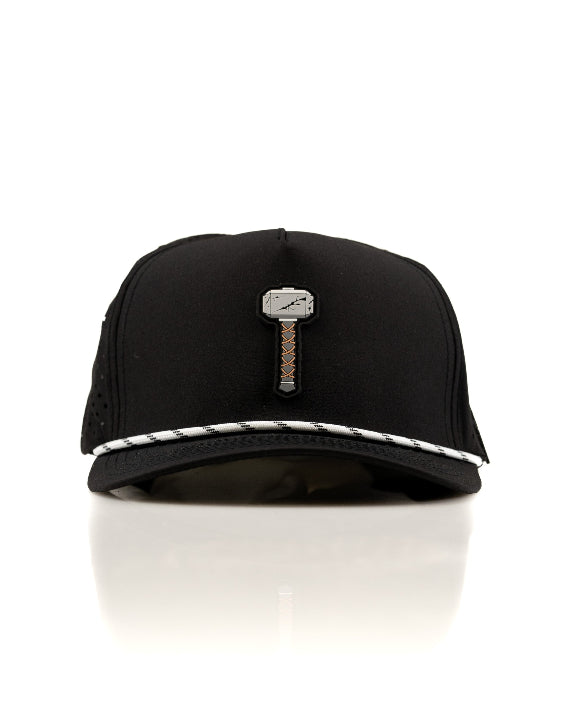 Thor’s Hammer Black perforated rope golf hat by Pins & Aces featuring a hammer-inspired design, adjustable snapback, breathable perforations, and built-in magnetic ball marker holder.