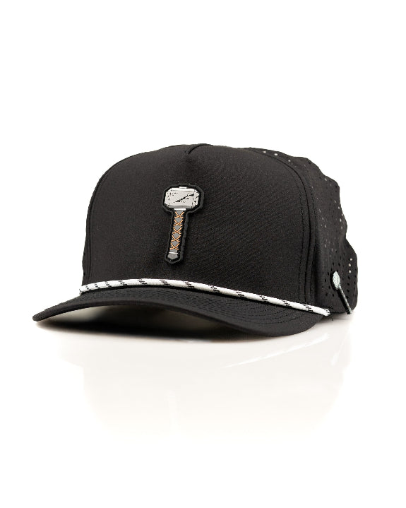 Thor’s Hammer Black perforated rope golf hat by Pins & Aces featuring a hammer-inspired design, adjustable snapback, breathable perforations, and built-in magnetic ball marker holder.