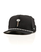 Thor’s Hammer Black perforated rope golf hat by Pins & Aces featuring a hammer-inspired design, adjustable snapback, breathable perforations, and built-in magnetic ball marker holder.